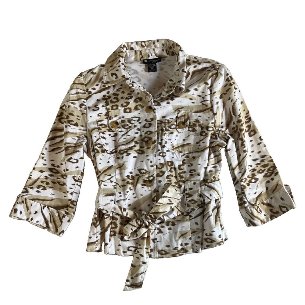 Valerie Bertinelli Animal Print Jacket Top Womens PM White Brown Belted Button